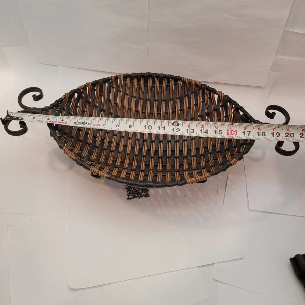 Unbranded Woven Metal Footed Basket Home Decor Brown‎ Black Scroll Handles